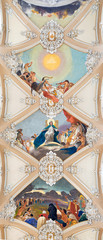 CATANIA, ITALY - APRIL 6, 2018: The ceiling fresco from life of Virgin Mary in church Basilica Maria Santissima dell'Elemosina by Giuseppe Sciuti (1896).