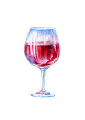 Glass of a red wine. Picture of a alcoholic drink.Watercolor hand drawn illustration.White background.