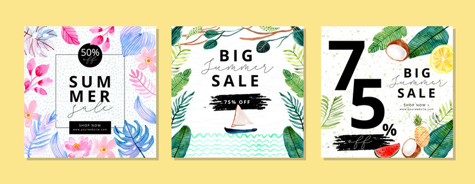 summer sale banner with tropical plant watercolor background