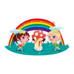 beautiful magic fairies with fungu elf and rainbow