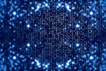 Blue matrix digital background. Abstract cyberspace concept. Characters fall down. Matrix from symbols stream. Virtual reality design. Complex algorithm data hacking. Cyan digital sparks.