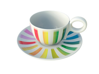 Porcelain colorful striped cup isolated on white background. 3D Illustration.