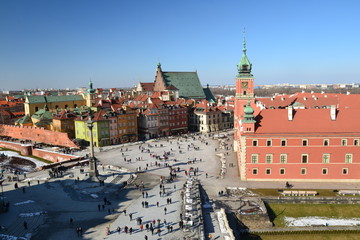 People at Castle Square in Warsaw, Poland - aerial view from the bell tower of the  St. Anne church 
