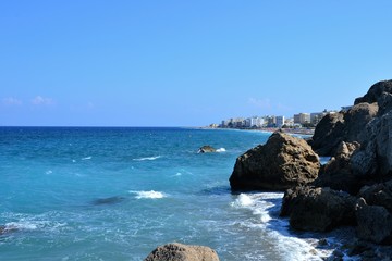 View of the west coast of Rhodes island near the city of Rhodes. Beautiful rocky scenery of north-west coast of Rhodes, Greece, Europe
