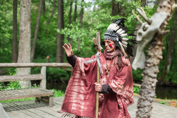 Obraz premium Native american indian, tribal leader in traditional indian clothes. Indian culture and history concept