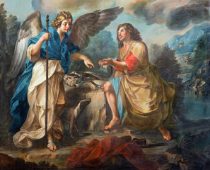 CATANIA, ITALY - APRIL 7, 2018: The  detail of painting of Tobias and archangel Raphael in church Chiesa di San Benedetto by Matteo Desiderato (1780). - obrazy, fototapety, plakaty