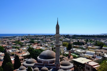 Rhodes, Greece. Aerial view, panorama of Rhodes town and sea view. The Suleymaniye Mosque (Mosque of Suleiman) in the foreground 