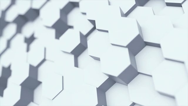 Random waving motion abstract background from hexagon geometric surface loop: light bright clean minimal hexagonal grid pattern