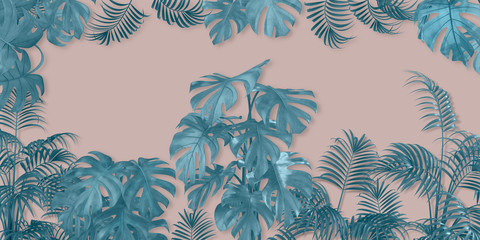 Tropical patten palm leaves frame. Summer tropical pastel colored monstera leaf. Origami exotic hawaiian jungle foliage, summertime background. Paper cut. Minimal style. 3d rendering 