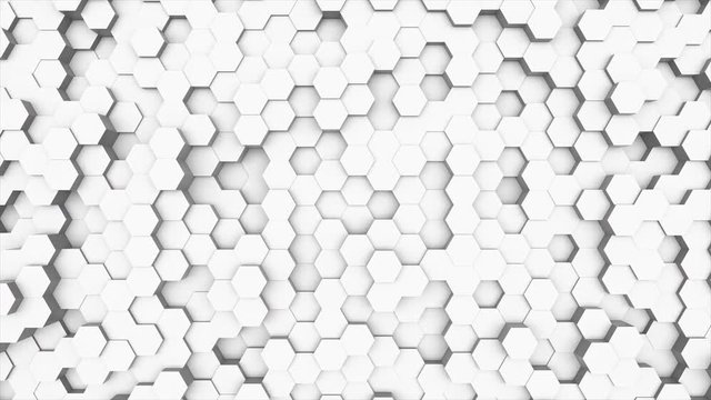 Random waving motion abstract background from hexagon geometric surface loop: light bright clean minimal hexagonal grid pattern, canvas in pure wall architectural white. Seamless loop cg 3d animation