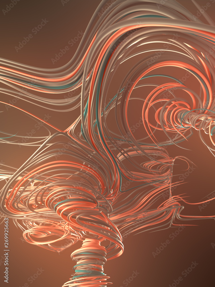 Poster Interlacing abstract orange colored curves. Computer generated geometric pattern. 3D rendering