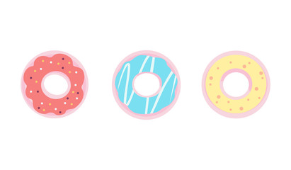 Vector set of donuts icons with colored glaze. Set of american sweet dessert. Sweet donut in flat style.