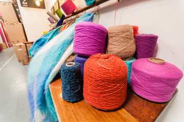 Colourful wools in a weaving factory
