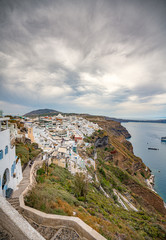 Fototapeta na wymiar Panoramic View and Streets of Santorini Island in Greece, Shot in Thira