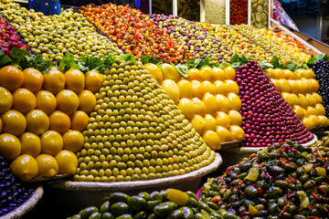 Olive stand at the market in Meknes Morocco
