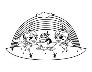 beautiful magic fairies with toad prince and rainbow scene