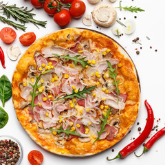 Hot Fresh Meat Pizza Decorated With Rocket Salad