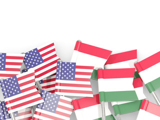 Pins with flags of United States and hungary isolated on white