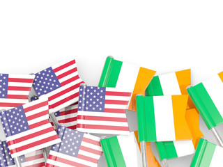 Obraz premium Pins with flags of United States and ireland isolated on white