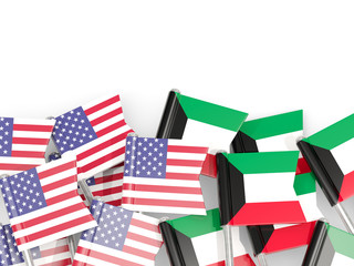 Obraz premium Pins with flags of United States and kuwait isolated on white