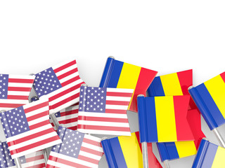 Fototapeta na wymiar Pins with flags of United States and romania isolated on white