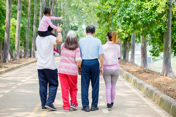 Rear view of extended family walking on the road