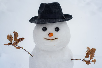 Funny snowman in stylish hat and scarf on snowy field. New year concept. Cute little snowman...