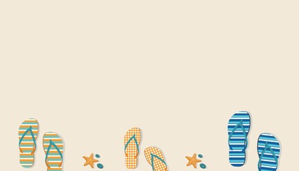 Background with sandals and starfishes. Pastel colors. Summer concept