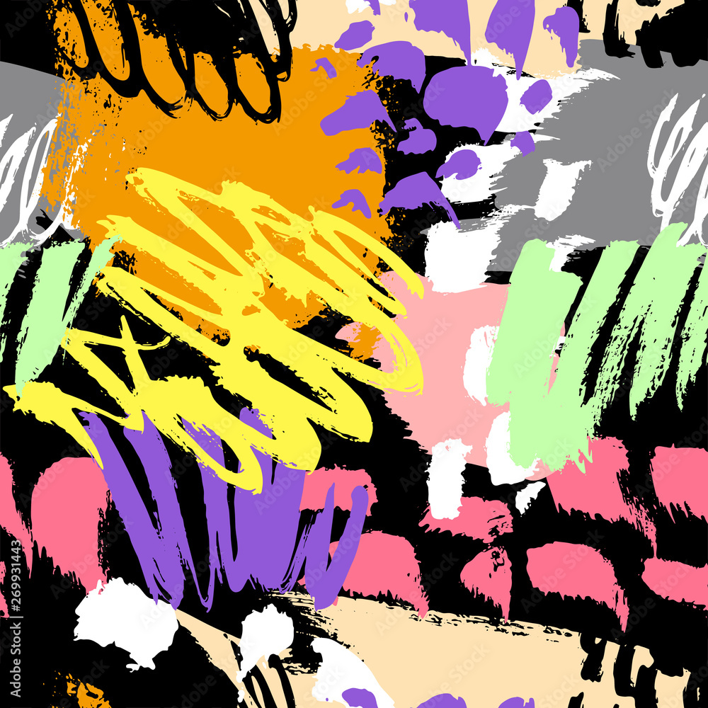 Poster artistic color brushed multi color strokes various shape. hand drawn vector seamless background. abs