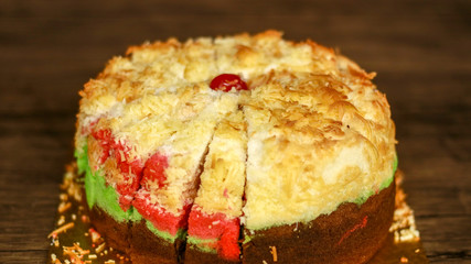 Cheese chiffon cake on wood background. 