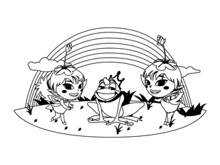 beautiful magic fairies with toad prince and rainbow scene