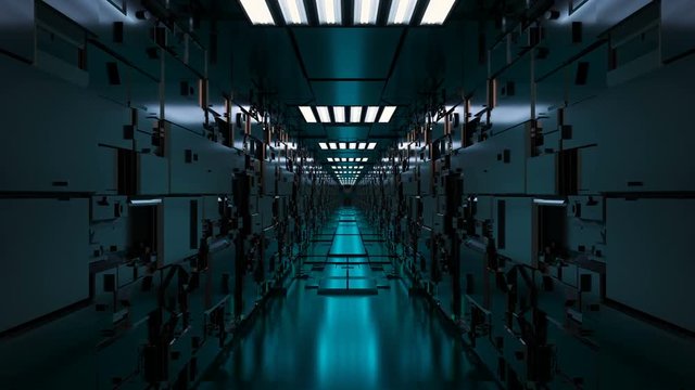 Sci Fi corridor.Technological futuristic Sci Fi tunnel.Flying through 3D generated corridor.