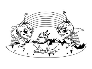 beautiful magic fairies with toad prince and rainbow scene