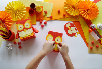 A children's master class to pack a gift in a box an owl.