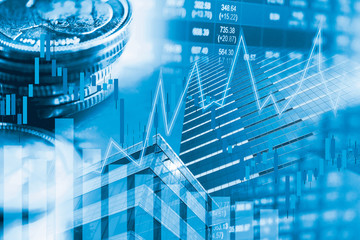 Stock market investment trading financial, coin and graph chart or Forex for analyze profit finance business trend data background.