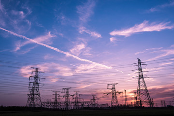 Silhouette of Power Supply Facilities at Sunset