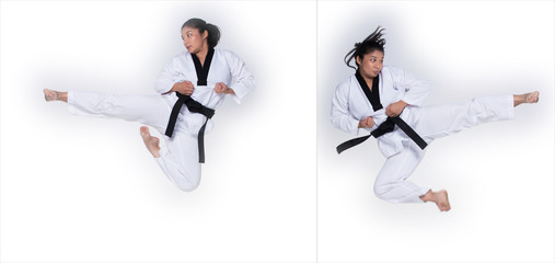 Fototapety  Mistrz instruktor Taekwondo z czarnym pasem Nauczyciel pokazuje tradycyjną pozę do aktów walki i rozgrzewa się w białej dawnej sukience, oświetlenie studyjne białe tło na białym tle, kopia przestrzeń, rozmycie ruchu na dłoniach