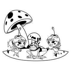 beautiful magic fairies with toad prince in the garden