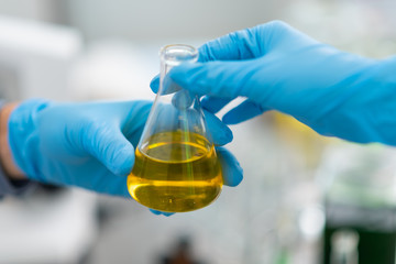 The scientist test the natural product extract, oil and biofuel solution, in the chemistry...