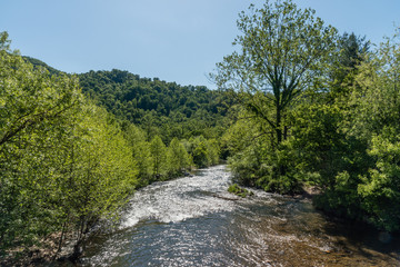 Beautiful Pigeon river vista in springtime, western North Carolina