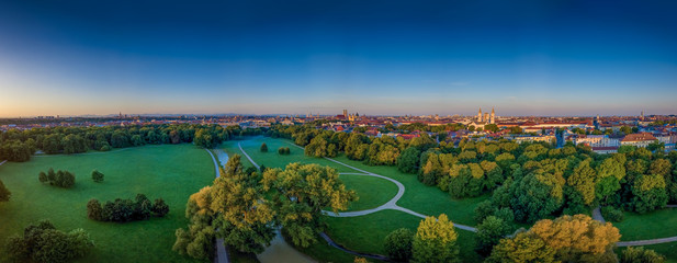 The beautiful view from a drone at the Englischer Garten of Munich at a early morning - obrazy, fototapety, plakaty
