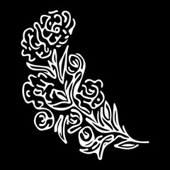 Abstract hand drawn rose flowers isolated on black background. Peonies vector outline icon. Line art