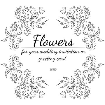 Wreath of roses or peonies flowers and branches isolated on white background. Foral frame design elements for invitations, greeting cards. Hand drawn vector illustration. Line art. Outline