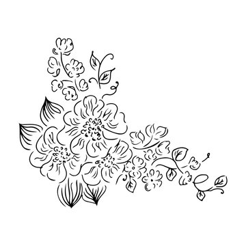 Vector hand drawn sketch with tropical leaves and flowers isolated on white background. Exotic botanical design elements for wedding invitation cards, cosmetics, spa, perfume, beauty salon. Outline
