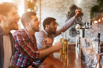 Male Friends Watching Football Match In Sport Bar