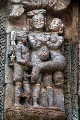 Konark Sun Temple in Odisha, India. Erotism and origin of kamasutra in Indian sculpture. Erotic sculpture of Konark temple.