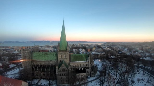 4K drone of Trondheim Cathedral church in winter.