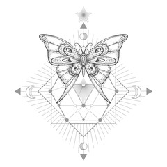 Vector illustration with hand drawn butterfly and Sacred geometric symbol on white background. Abstract mystic sign.