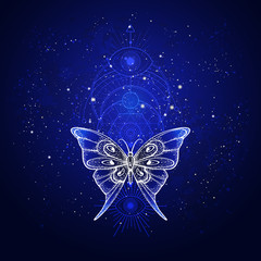 Vector illustration with hand drawn butterfly and Sacred geometric symbol against night starry sky. Abstract mystic sign.