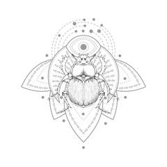 Vector illustration with hand drawn scarab and Sacred symbol on white background. Abstract mystic sign.